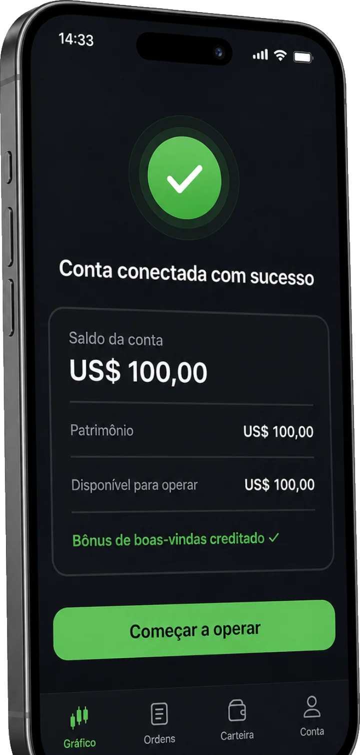 Tela: conta conectada com saldo de US$ 100